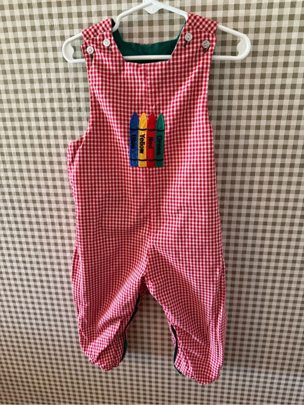 Red Gingham Kids' Crayon Applique Overalls - Unbranded